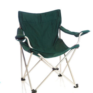 A green folding lawn chair on a white background